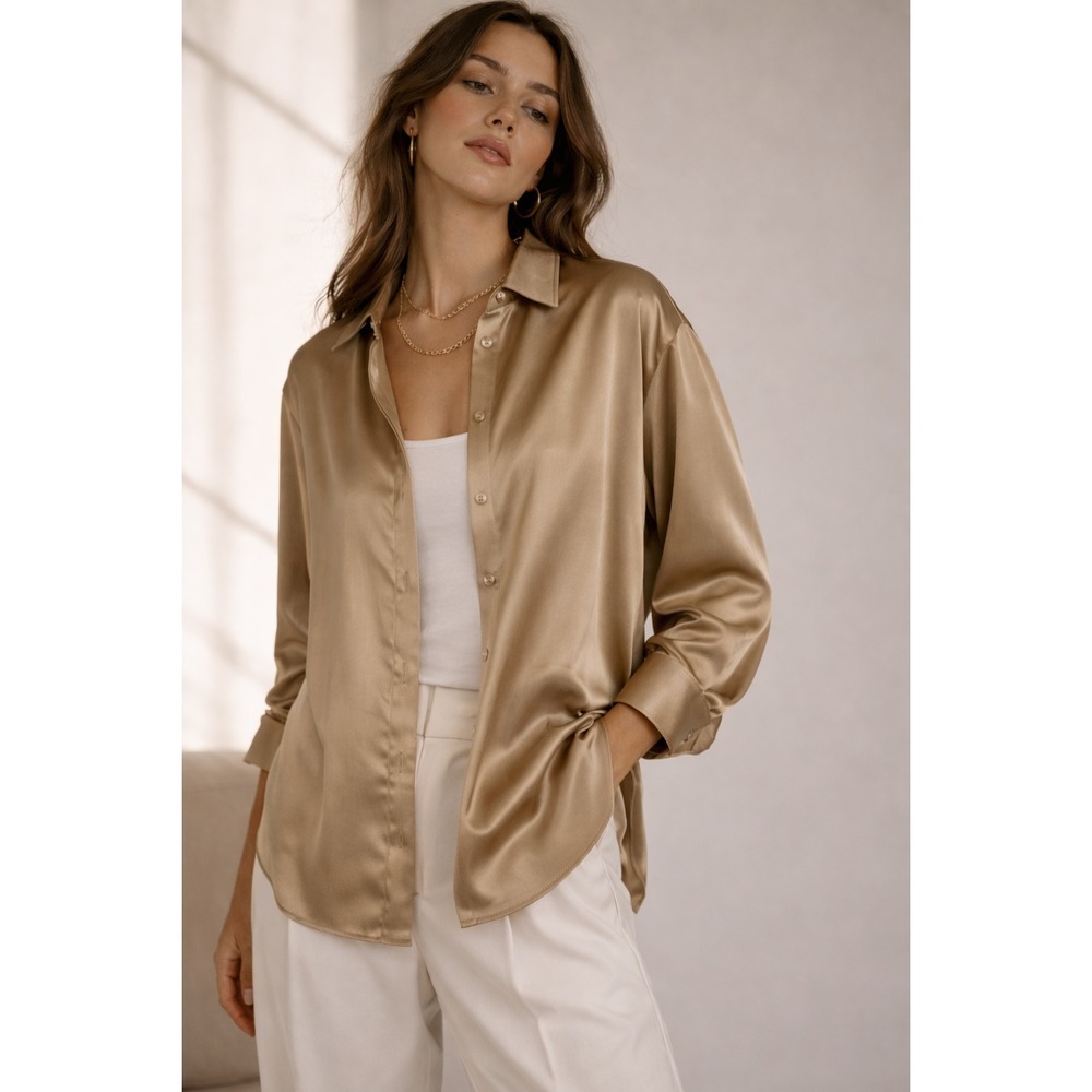 Laina Rauma Shirt M Gold Satin Unisex  Oversized Collared Shirt Luxe Loungewear